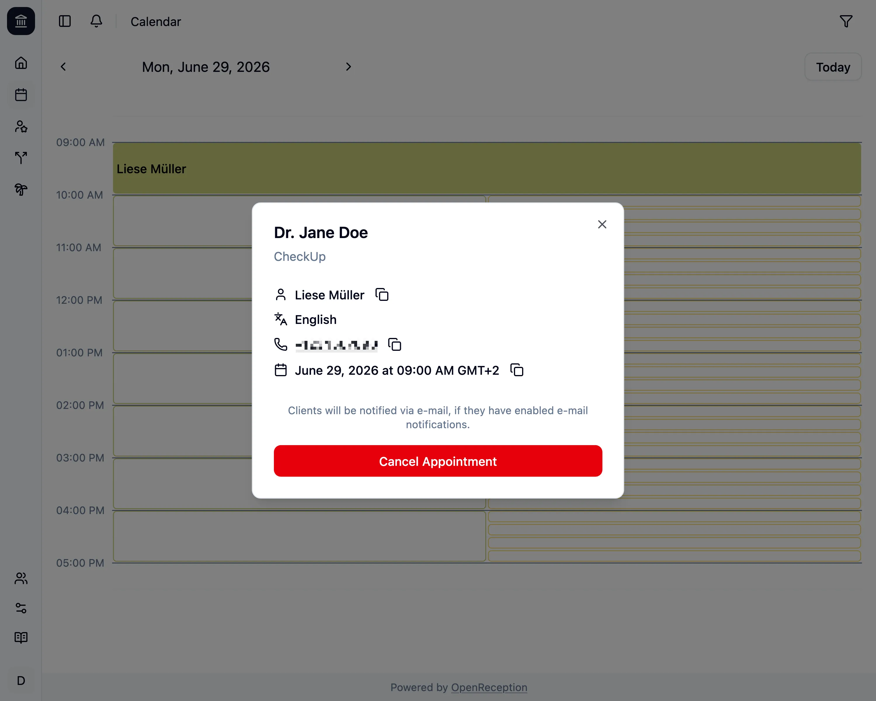 Appointment details with cancel button