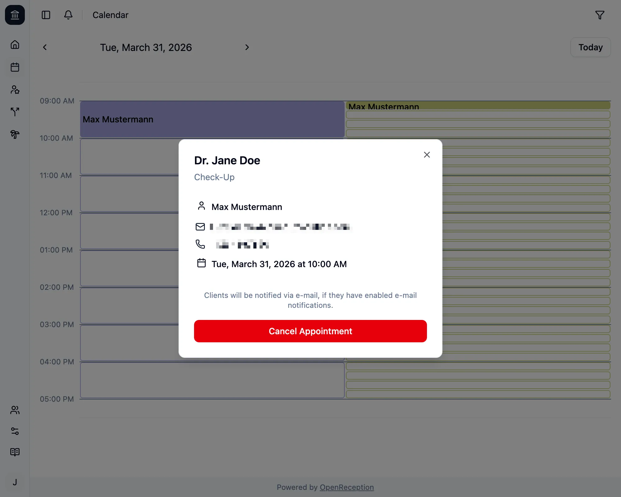 Appointment details with cancel button