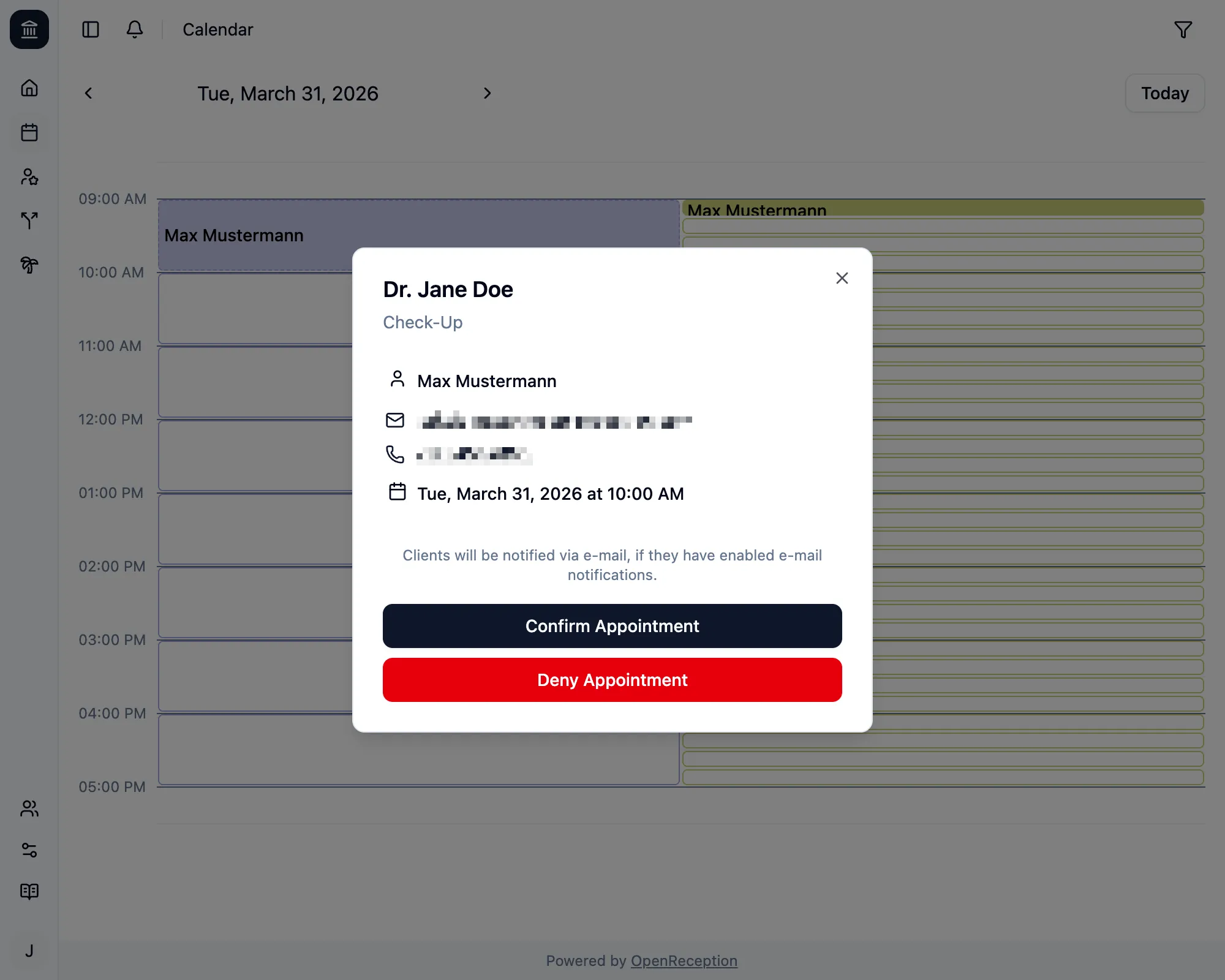 Appointment details with confirm button