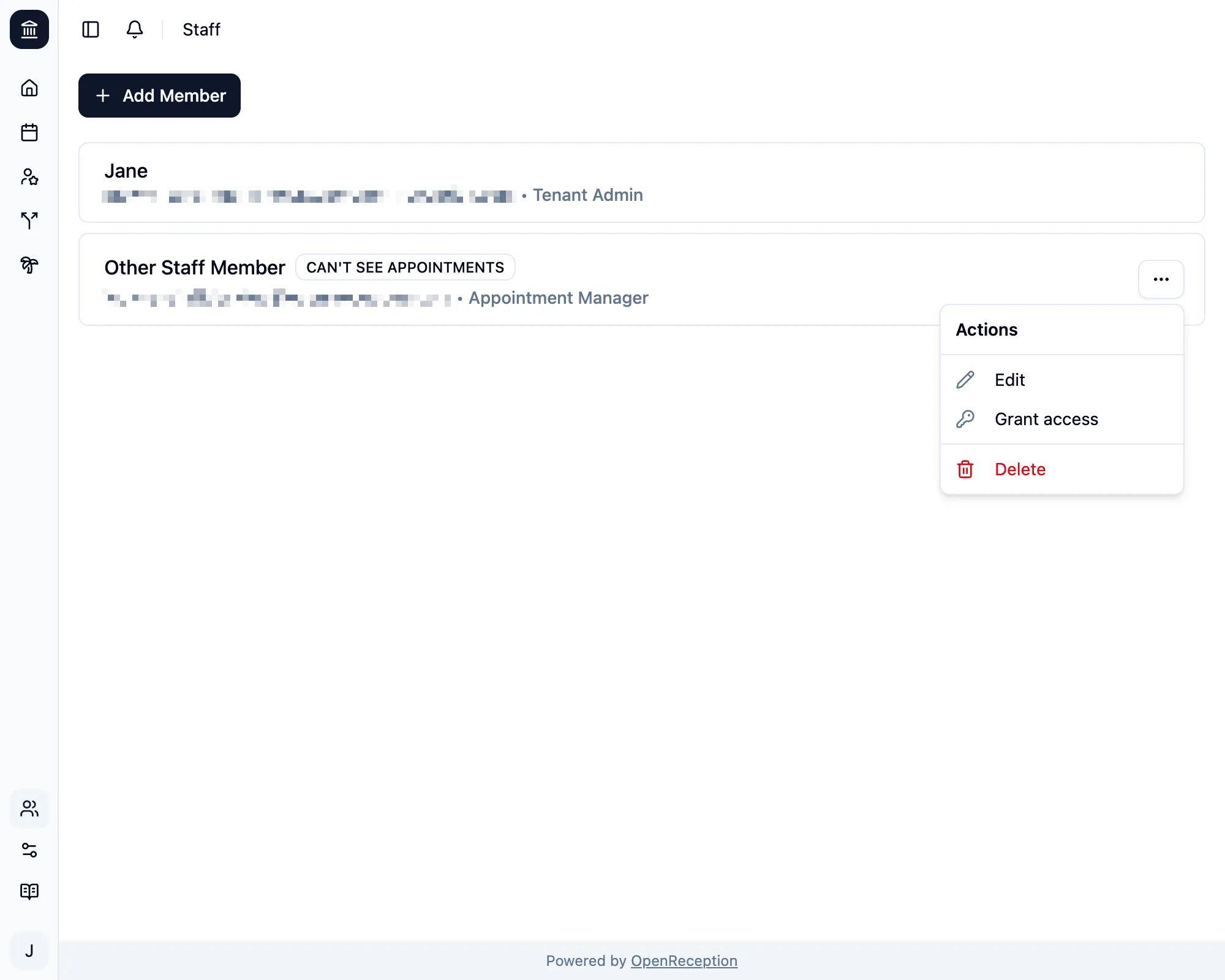 Staff member list with context menu