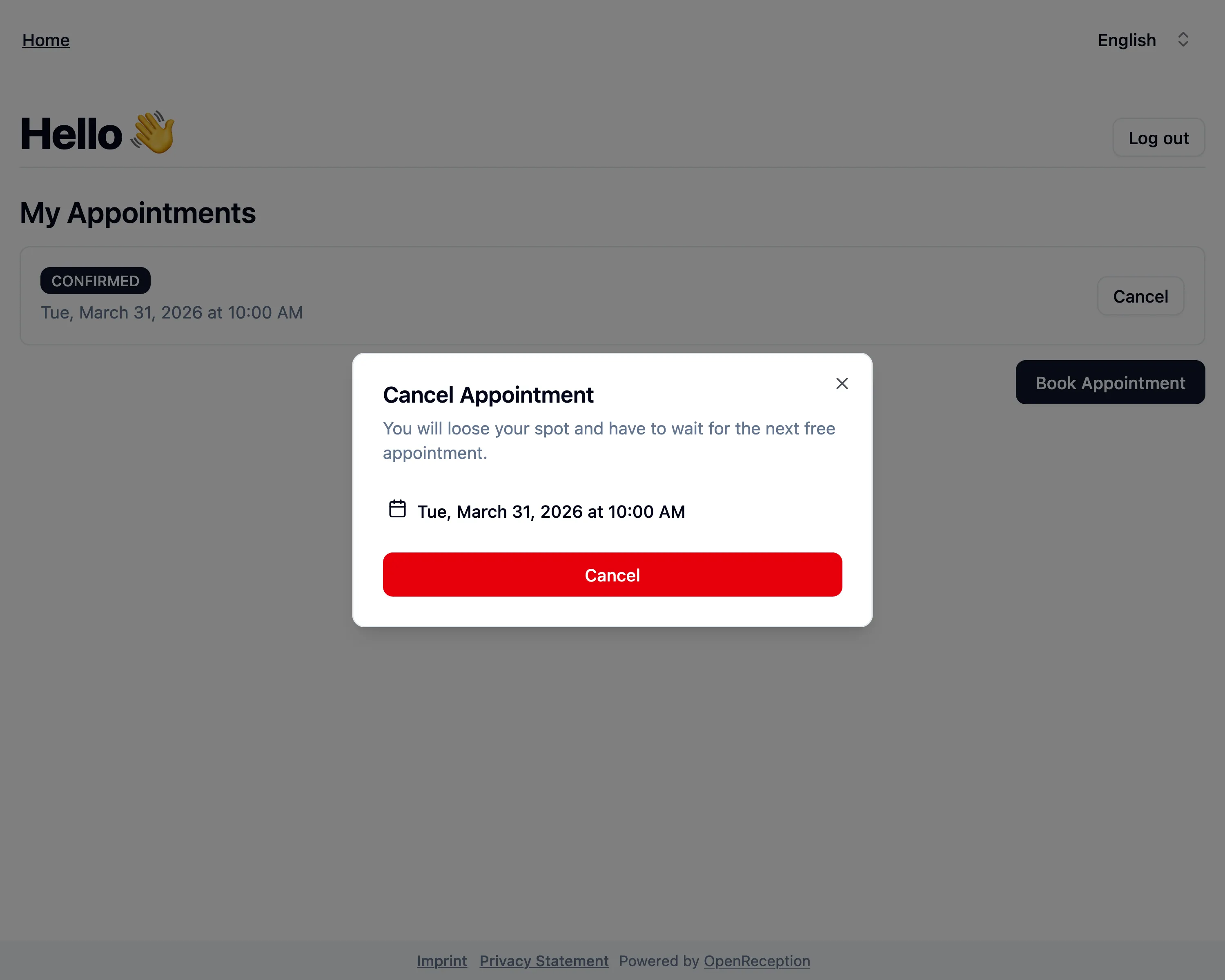 Appointment details with cancel button