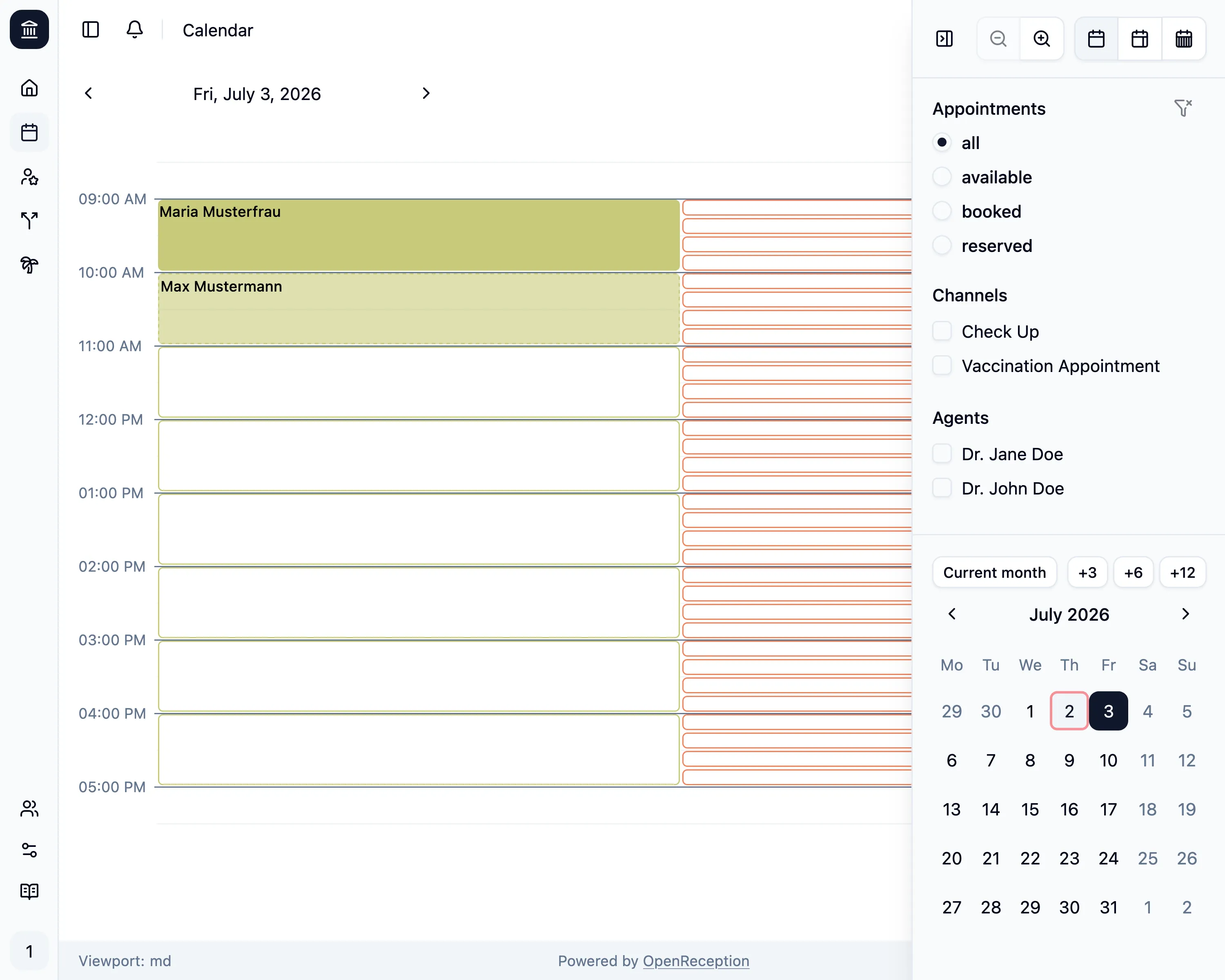 Calendar sidebar with icons for switching to week view